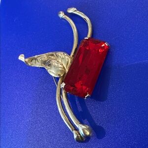 Mid-Century STERLING BY JORDAN Red Emerald-Cut Rhinestone Floral Brooch